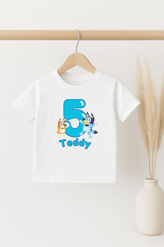Birthday Top Personalised with Age and Name, Bluey and Bingo themed Birthday Tee, Customisable Children's Party T-Shirt
