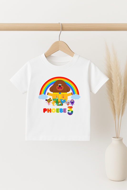 Personalised Birthday T-shirt Inspired by Hey Duggee and the Squirrels, Customisable Party Celebration Tee, Child's Name and Age Top