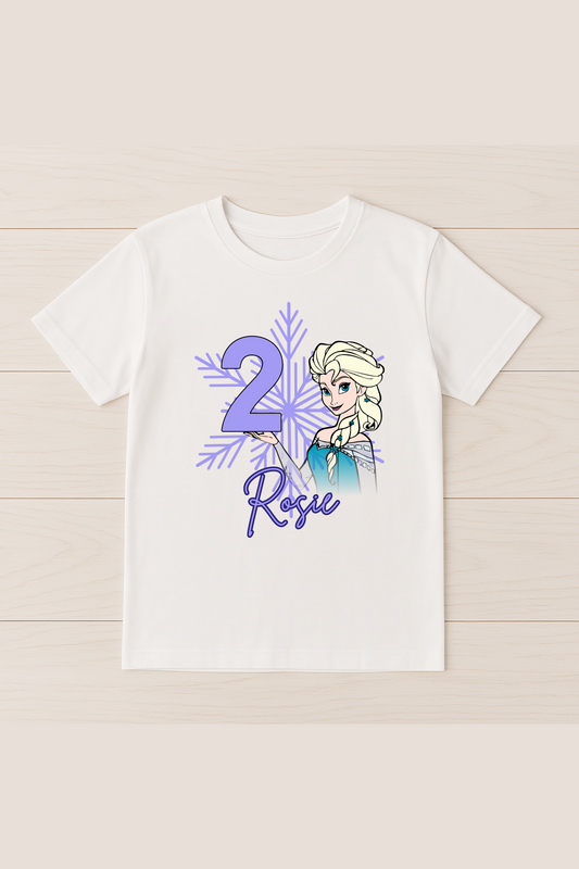 Personalised Birthday T-Shirt, Inspired by Frozen and Elsa, Customisable Top with Child's Name and Age