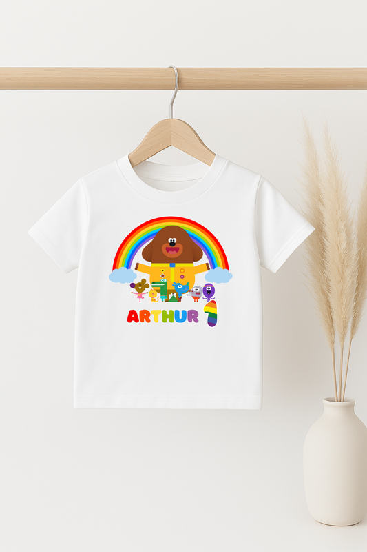 Personalised Birthday T-shirt Inspired by Hey Duggee and the Squirrels, Customisable Party Celebration Tee, Child's Name and Age Top