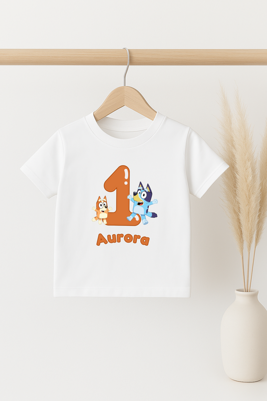 Birthday Top Personalised with Age and Name, Bluey and Bingo themed Birthday Tee, Customisable Children's Party T-Shirt