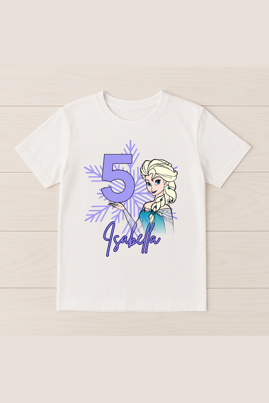 Personalised Birthday T-Shirt, Inspired by Frozen and Elsa, Customisable Top with Child's Name and Age